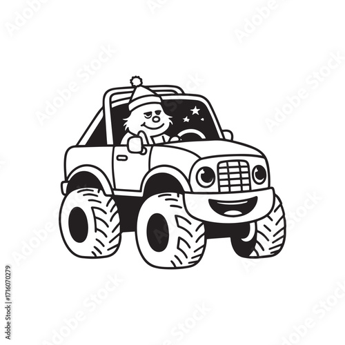 Cheerful Monster Truck with Sleepy Smiling Monster Driver Silhouette on white Background. 