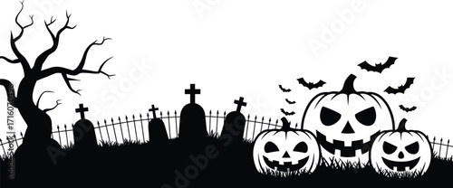 Silhouette of a creepy Halloween graveyard scene with carved pumpkins, a spooky tree, and flying bats, perfect for a ghostly holiday border or banner design.