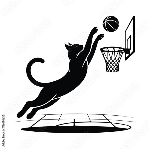 Playful cat silhouette leaping to dunk a basketball on a court