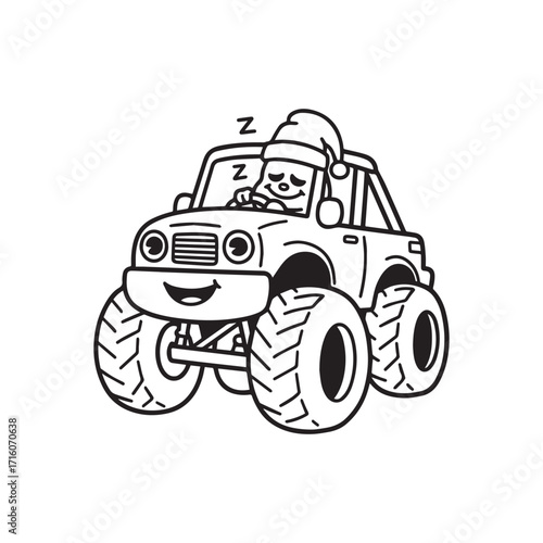 Cheerful Monster Truck with Sleepy Smiling Monster Driver Silhouette on white Background. 