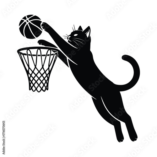 Black cat silhouette leaping to dunk a basketball into a hoop