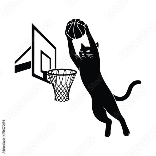 Black cat in silhouette leaping to dunk a basketball into a hoop