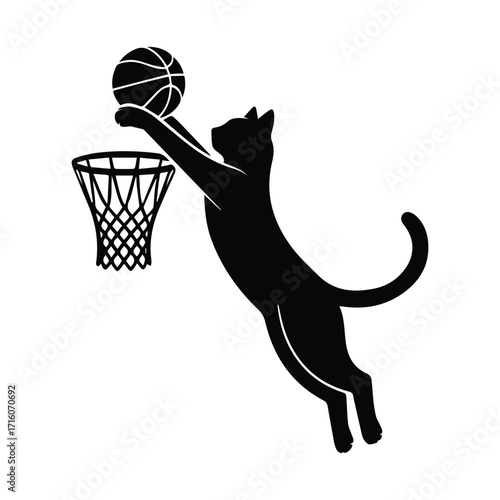 Dynamic black cat leaping to dunk basketball in hoop silhouette