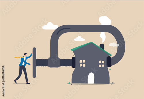 House mortgage refinance, reduce cost and interest payment, manage budget to pay for best house deal concept, businessman home owner using big clamp to squeezing house metaphor of refinancing mortgage