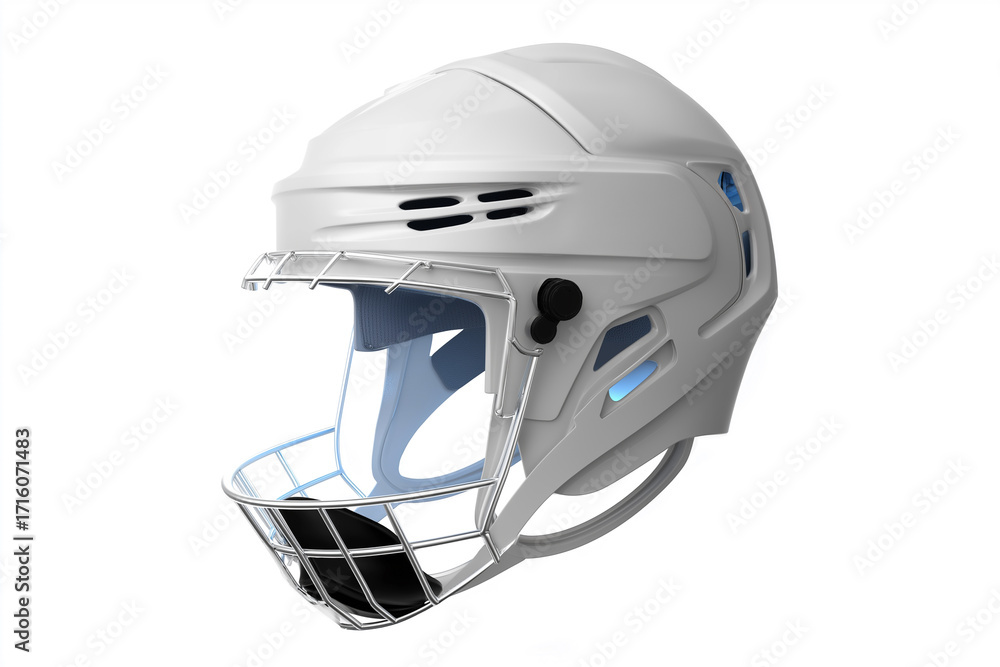 Fototapeta premium Modern hockey helmet, a symbol of safety and protection for athletes, isolated on white, perfect for sports equipment branding, advertising, and commercial use