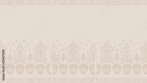 A seamless botanical pattern with acorns and leaves on a light beige background with decorative borders