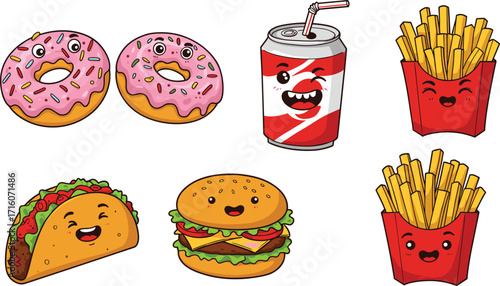 Cute cartoon fast food illustration with donuts, burger, taco, french fries, soda drink, kawaii style characters, delicious snack meal