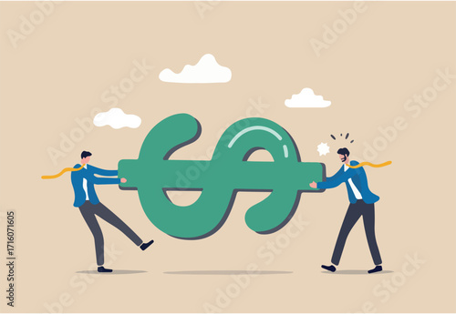 Fight for money, tug of war, business competition fight for market share or work conflict concept, greedy businessmen company owner or worker pulling tug of war money dollar sign with full effort. 