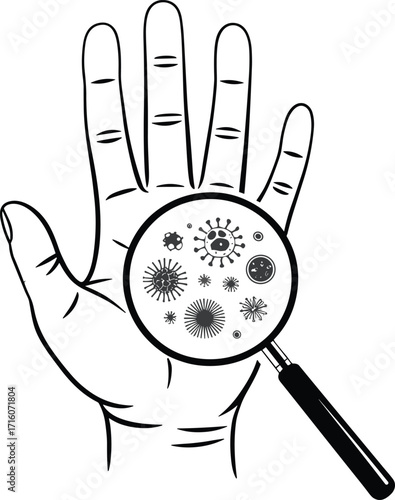 Magnifying glass held in a hand, showing microscopic bacteria, viruses, and microbes, a concept illustration of hygiene, health, science, and the importance of cleanliness 