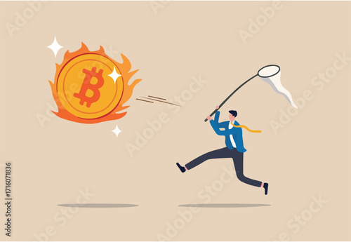 Chasing high performance bitcoin crypto currency in bull market, greedy speculation in Bitcoin trading concept, greedy businessman investor chasing try to catch hot fire flying bitcoin