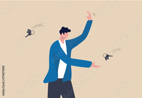 Housing deal, sell old house and buying new one, real estate and property trading or mortgage concept, home owner throwing old house key and grab new one.