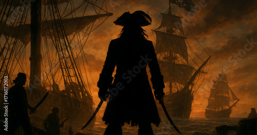 Pirates of the Caribbean Silhouette Background Pirate Ship at Sunset