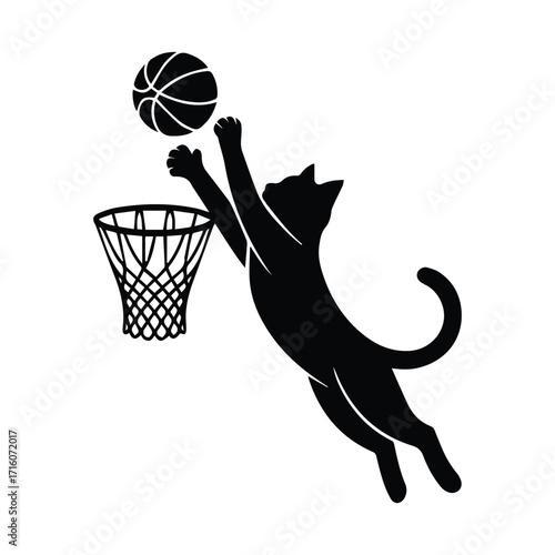 Playful black cat silhouette leaping to dunk a basketball into a hoop silhouette