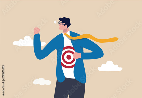 Recruitment target, head hunt, HR, human resources finding right candidate or target audience in marketing concept, businessman wearing eyeglasses tearing his suit reveal target symbol on his shirt
