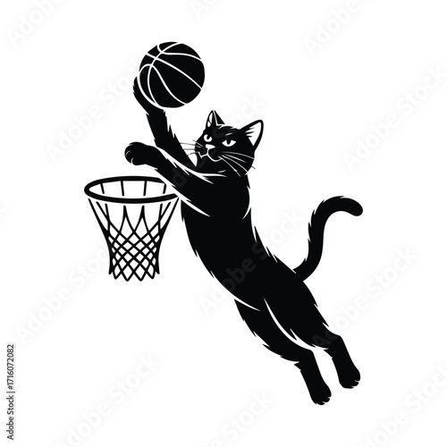Black cat silhouette leaping to dunk a basketball into a hoop silhouette