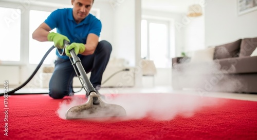 Professional cleaner using a steam cleaner on a red carpet. Man deep cleaning a floor in a modern home. Household sanitation service.
