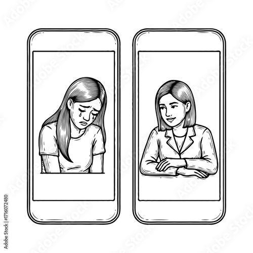 Illustration of a crying girl and a therapist communicating on smartphones, hand-drawn sketch style, isolated white background, concept of virtual therapy, Online therapy session