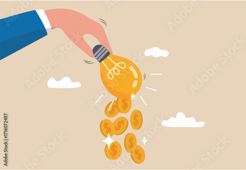 Idea to make money, financial innovation or business or investment ideas, earning or profit from creativity concept, dollar money coins falling from businessman hand shaking the lamp or lightbulb idea