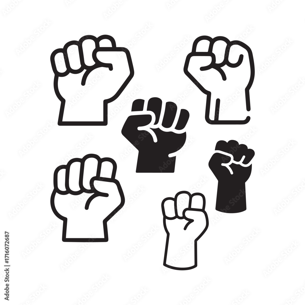 Fototapeta premium Fist Vector Icons in Outline, Solid, and Stylized Variations Silhouette. 