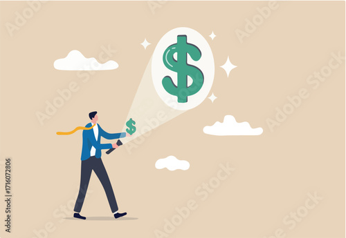 Make money or increase earning from investment, salary or income increase, profitability concept, businessman investor using flashlight aim at small dollar in his hand projecting big dollar money sign