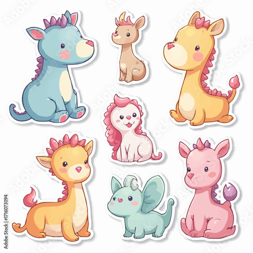 Set of adorable mythical creature and baby dragon illustrations. Cute fantasy animal characters designed as kawaii vector stickers