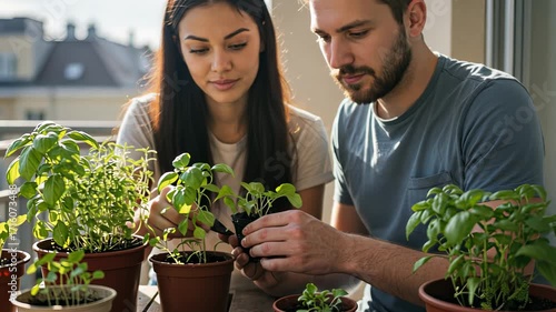 Wallpaper Mural Couple tending to indoor herb garden together in sunlit room with careful focus on basil plant Torontodigital.ca