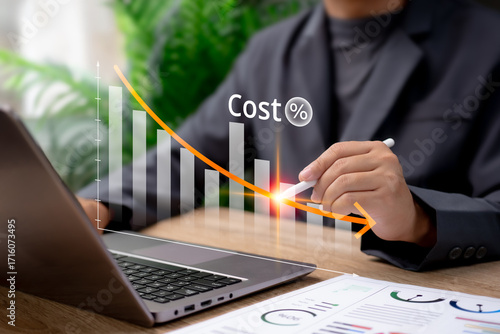 Cost Management and Reduction Strategy Concept, Businessman Showing Graph of Decreasing Expenses, Corporate Financial Optimization, Profit Growth, Business Efficiency and Strategic Cost Saving Plan