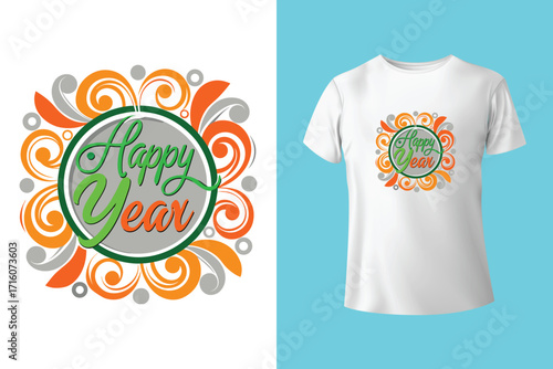 Happy new year typographic design with festive fireworks and t shirt mockup silhouette