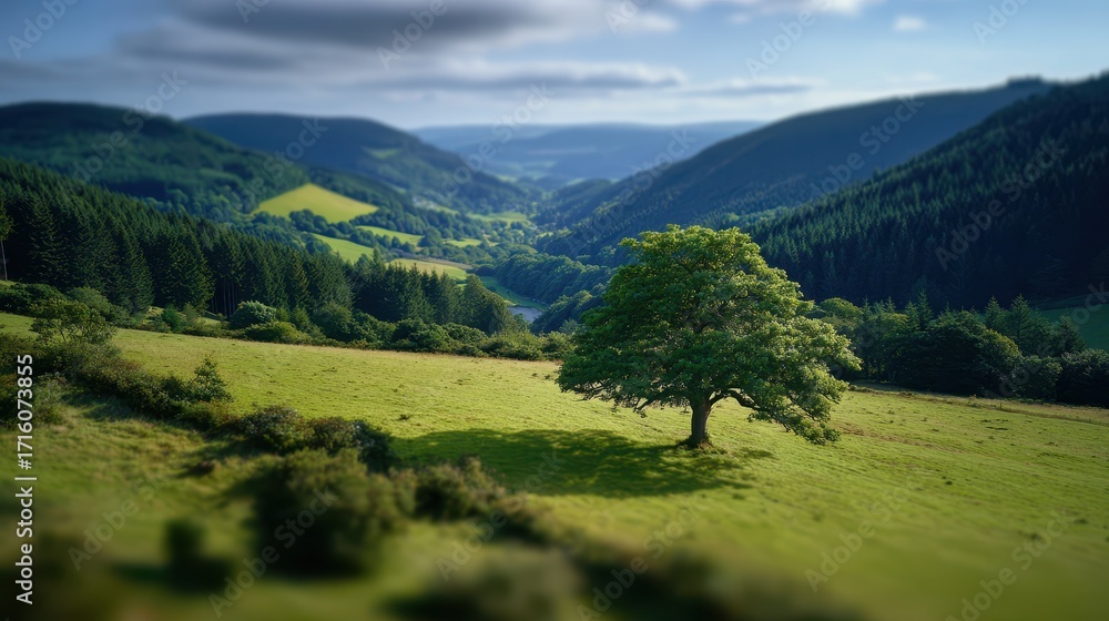 Naklejka premium Lush green rolling hills with a solitary oak tree casting a shadow under a partly cloudy sky
