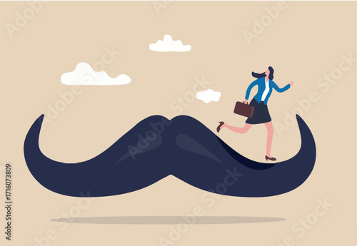 Woman abuse, sexual harassment in office or workplace, discrimination or inequality or woman rights concept, fearful businesswoman victim run away from boss mustache, man symbolic