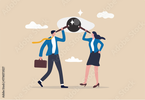 Sharing same business vision, teamwork strategy to achieve goal together, work collaboration to win same mission concept, business people team members using telescope to look into same visionary