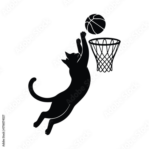 Black cat silhouette leaping to dunk a basketball into a hoop silhouette