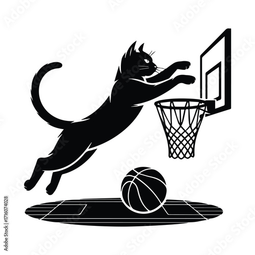 Black cat in silhouette leaping to dunk a basketball on a court