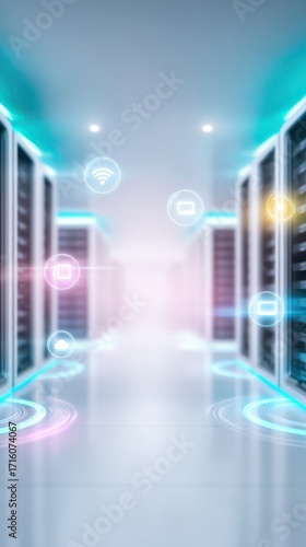 Illuminated server room, exploring the complexities of modern data centers and network infrastructure