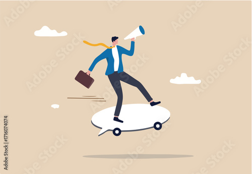Fast communication, business soft skill to communicate with team or customers, storytelling with precise message, smart businessman riding fast speech bubble holding megaphone to telling message. 