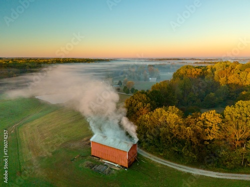 Smoking Tobacco Barn in Fall