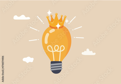 Great and brilliant idea, creative genius or winner idea for business development concept, glowing shiny lightbulb idea lamp wearing golden crown.