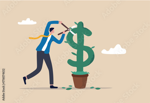 Make profit from investment, earning money, stock capital gain or dividends, growth savings or wealth concept, happy businessman cutting leaves on growing green dollar plant investment tree. 