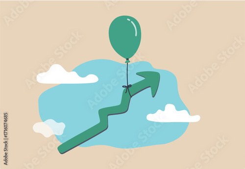 Market rising up, economic growth, high performance profit increase or prosperity concept, balloon tied with rising up green graph flying high in the sky.