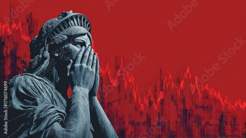 stock market recession crash USA, statue covering its mouth in shock, red falling stock market chart in the background, copy and text space, 16:9