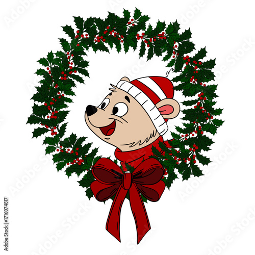 Cute Christmas bear with a festive holiday wreath decorated with ornaments and ribbons. Cheerful and cozy New Year character