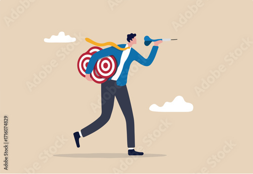 Handle multiple businesses simultaneously, multi purpose or multitasking, side hustle or side job concept, confident businessman carrying many dartboard target.