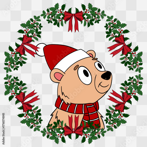 Cute Christmas bear with a festive holiday wreath decorated with ornaments and ribbons. Cheerful and cozy New Year character