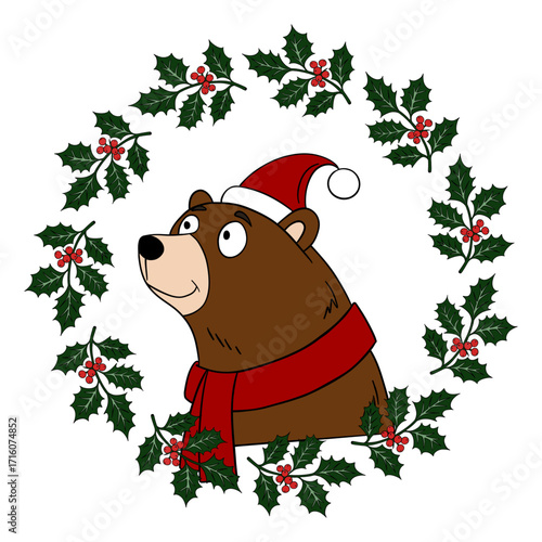 Cute Christmas bear with a festive holiday wreath decorated with ornaments and ribbons. Cheerful and cozy New Year character