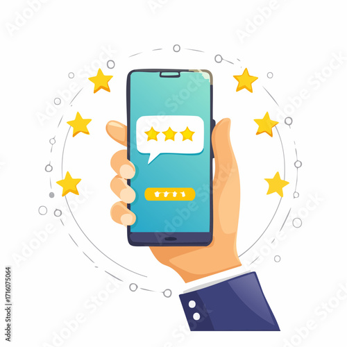 Hand holding smartphone displaying customer review with three stars surrounded by golden stars, symbolizing positive feedback and customer satisfaction.