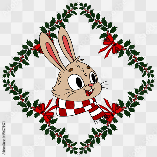 Cute Christmas bunny rabbit with a festive holiday wreath decorated with ornaments and ribbons. Cheerful and cozy New Year character