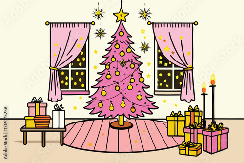 Festive Christmas scene with pink tree, golden ornaments, gifts, and candles casting warm glow