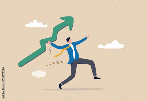 Business growth and improvement, target high profit, stock market soaring, bull market or economic prosperity concept, strong businessman throwing green rising up arrow javelin. 