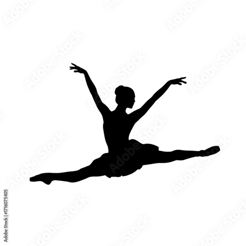 Elegant ballerina silhouette leaps powerfully in graceful ballet posture