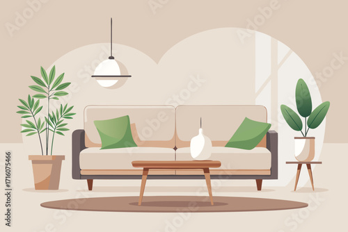 Inviting living room featuring neutral tones, lush greenery, and comfortable modern furniture